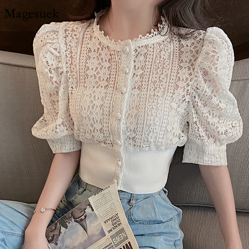 Summer Blouse Women Korean Hollow Out Lace White Women Shirt  2021 New Short Sleeve Button Loose Shirts Solid Female Tops