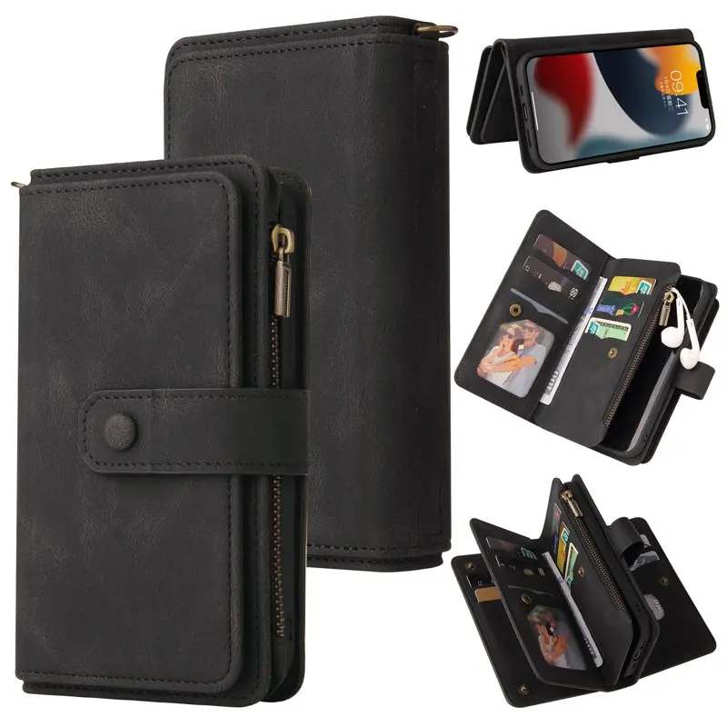 

Case for iPhone 14 Pro Max 6.7", PU Case Zipper Wallet + Card Holder + Detachable Wrist Strap Kickstand Magnetic Clasp 360°Ful