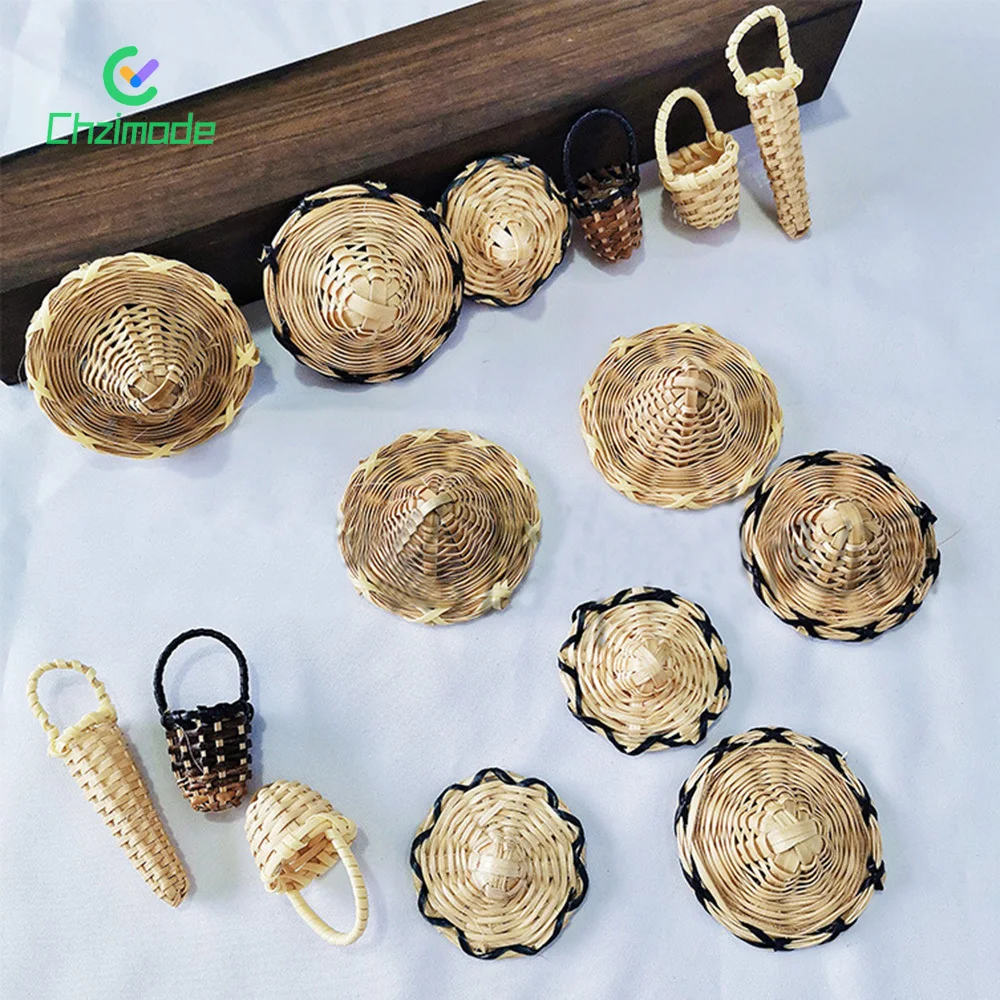 

1PC Mini Rattan Straw Hat DIY Jewelry Accessories Rattans Bamboo Mini Basket Braided Materials Handwoven Rattan Decor