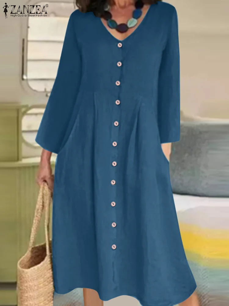 

ZANZEA Spring Fashion Women Dress Long Sleeve V-Neck Cotton Button Vestido Solid Robe Femme Casual Oversize Midi Dresses Kaftan