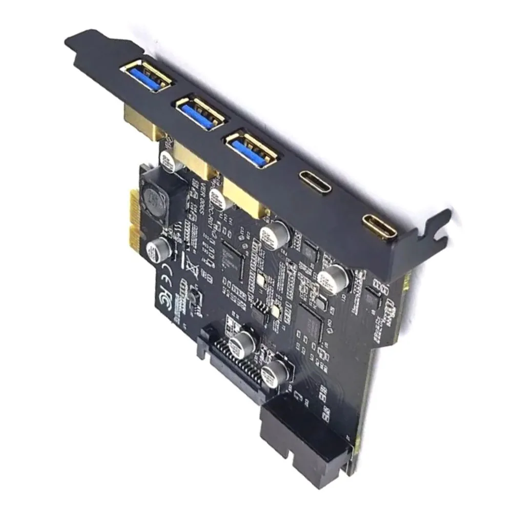 Фото USB-карта расширения USB 3.2 Gen1 5Gbps с 2 портами USB-C, 3 портами USB-A и 19-контактным внутренним разъемом для настольных компьютеров №1