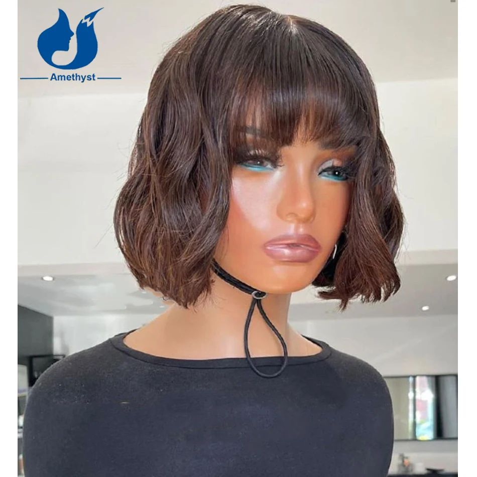 

Amethyst Ombre Brown Bob Human Hair Wigs For Women Scalp Top Full Machine Wig With Bangs Wave Short Bob Wig Glueless Two Tone