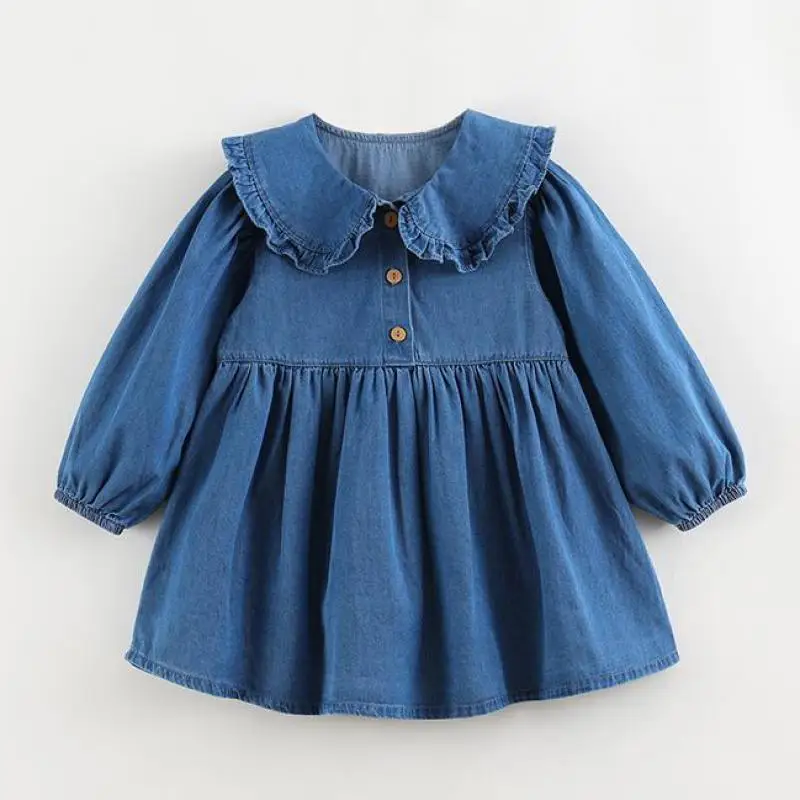 

Girls Soft Cotton Spring & Autumn Dress Long Puff Sleeve Blue Denim Girl Dresses Children Clothing Peter Pan Collar Dress 2-8y