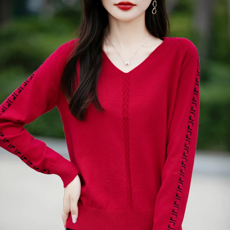 Женский трикотажный кашемировый пуловер с длинным рукавом и V-образным вырезом