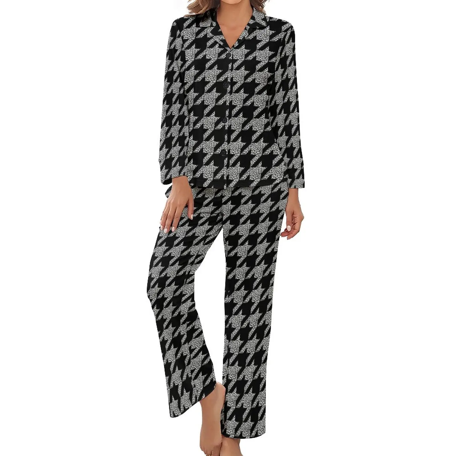 

Black Houndstooth Pajamas Cheetah Print Night V Neck Sleepwear Female 2 Pieces Pattern Long Sleeve Lovely Pajama Sets