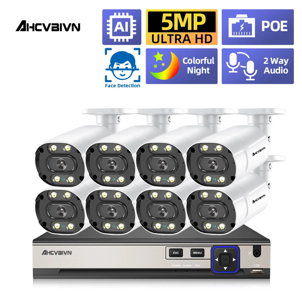 

Система видеонаблюдения 4K Poe NVR 5 МП, комплект уличных камер видеонаблюдения IPC, двухстороннее аудио, полноцветный ночник, набор из 8 каналов