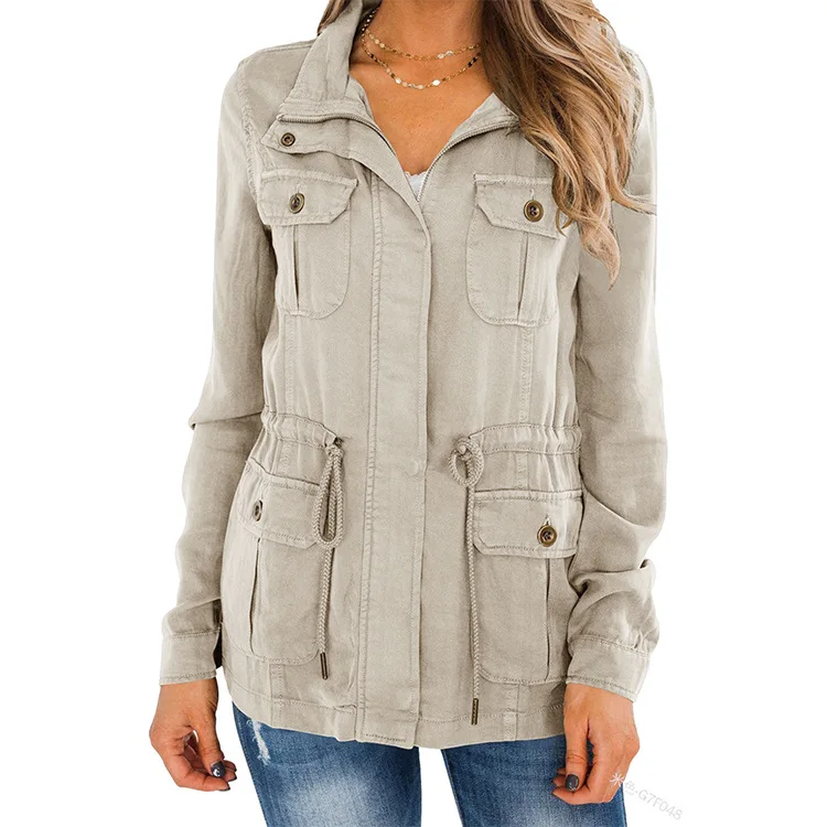 

Fashion lapel solid color cardigan top pocket button decoration long sleeved women's casual coat