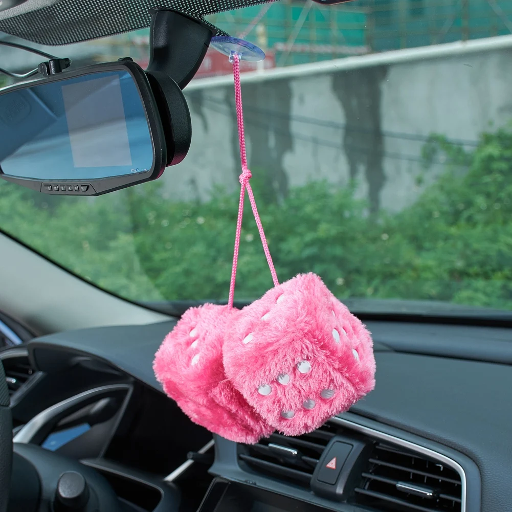 

Fuzzy Plush Dice with Dots Retro Square Plush Hanging Mirror Fuzzy Dices for Pink Car Interior Ornament Decoration