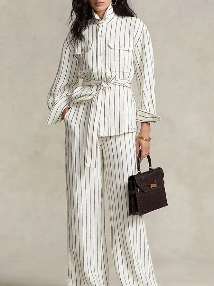 French Ladies Elegant Linen Striped Lace-up Waist Single-breasted Shirt Or Casual Women Straight Striped Pants Wide Leg Pants