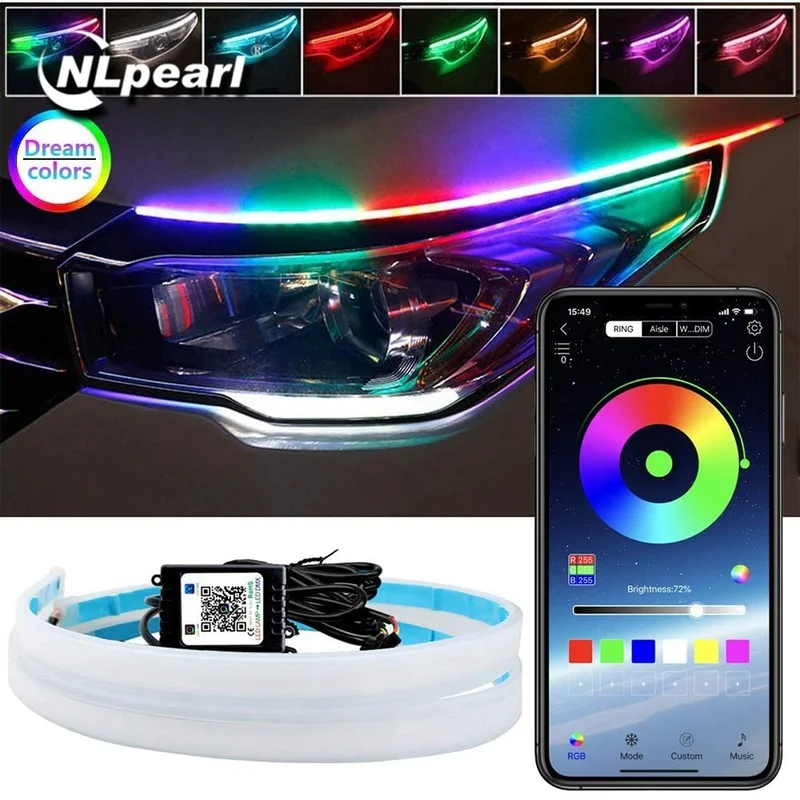 NLpearl 2Pcs RGB Daytime Running Light DRL Universal Flexible Flowing Multi Color LED Strip Turn Signal Lights  For Headlight