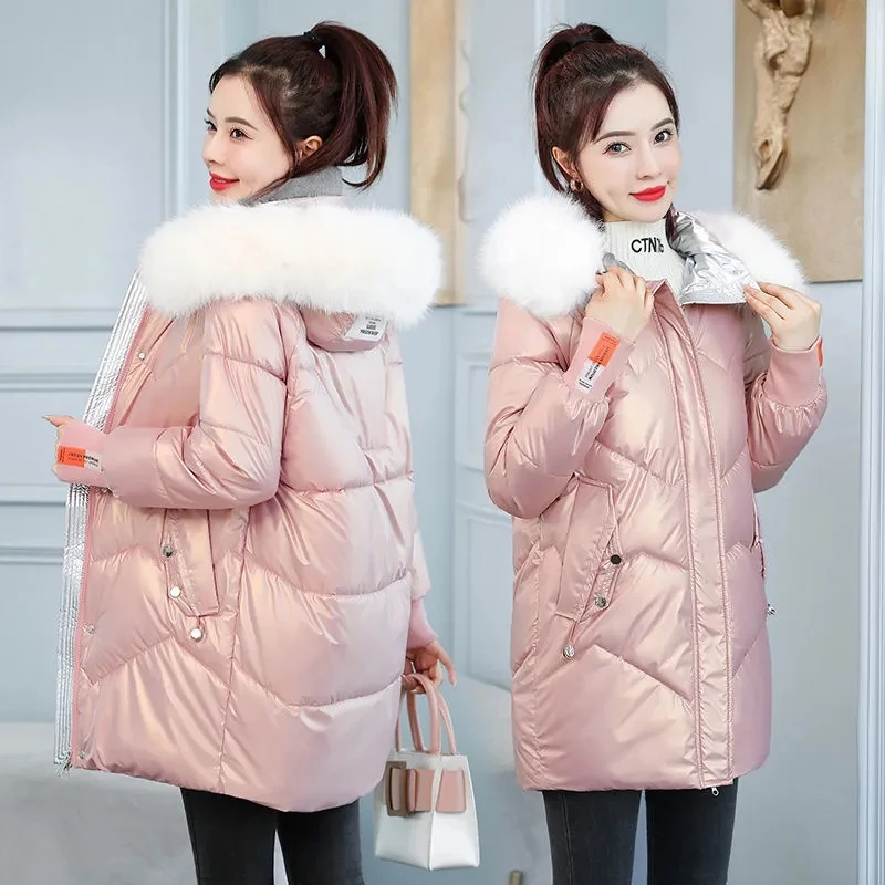 Fur Collar Hooded Quilted Jacket Women Windproof Mid Length Parkas Fashion Glossy Black Padded Coat Snow Wear Winter Outwear