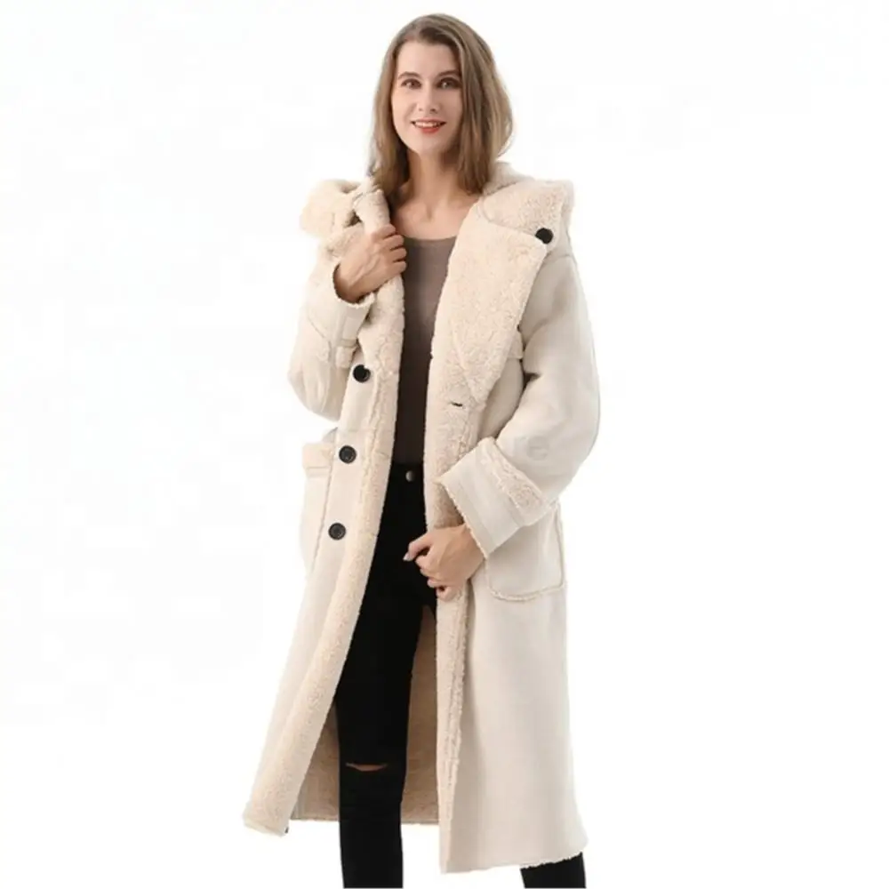 Women Winter Real Fur Suede double-breasted With Hood Coat  Long Teddy Fleece Pocket Jacket Thermal Zipper Belt Bondage Parka