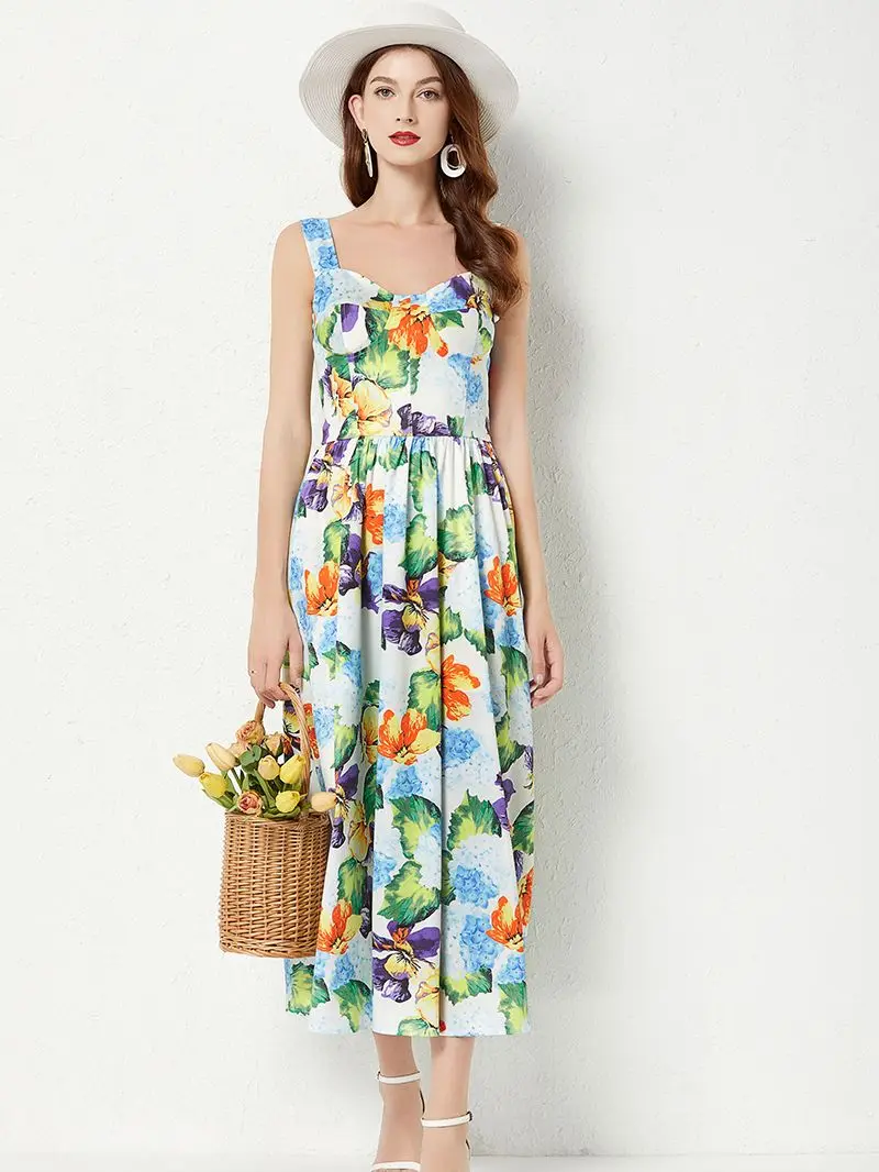 

Banulin Summer Fashion Runway Beach Dress Women Bohemian Spaghetti Strap Flowers Print Vacation Elegant Long Dress N435