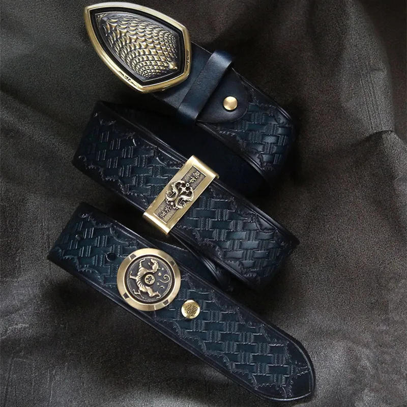 Handmade Feather Scale Shield Genuine Leather Strap Male Belts For Men Women Cowhide Vintage Cavalry Copper Buckle Belt