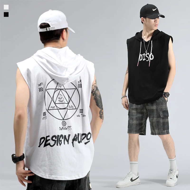 

TFETTERS Fashion Hoodie Men 2022 Summer New Korean High Street Sleeveless Tshirt Men Casual Loose Pullover Hoodie Men Clothing
