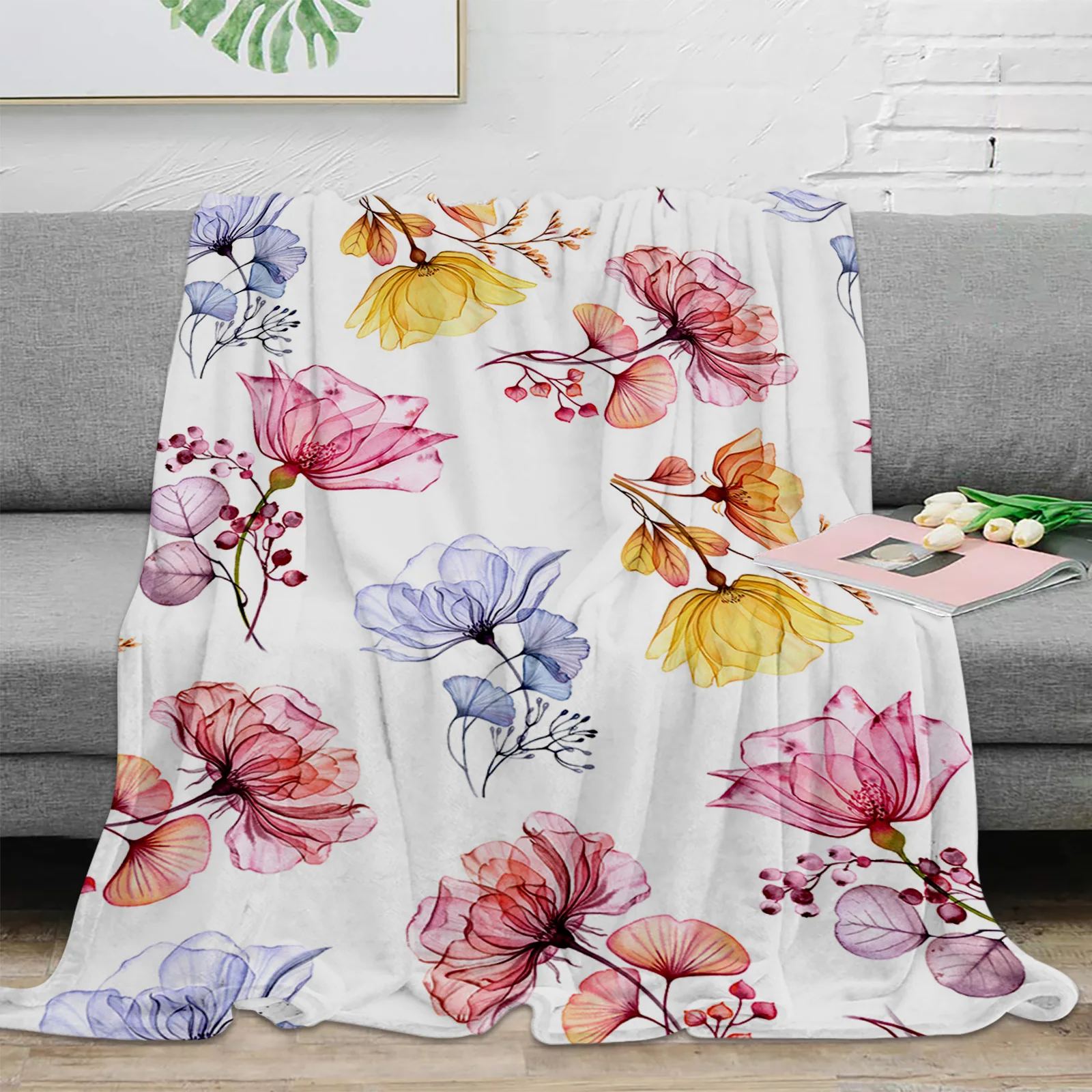 

Детское мягкое фланелевое одеяло, прозрачная текстура, Акварельные Цветы, теплое покрывало для дивана