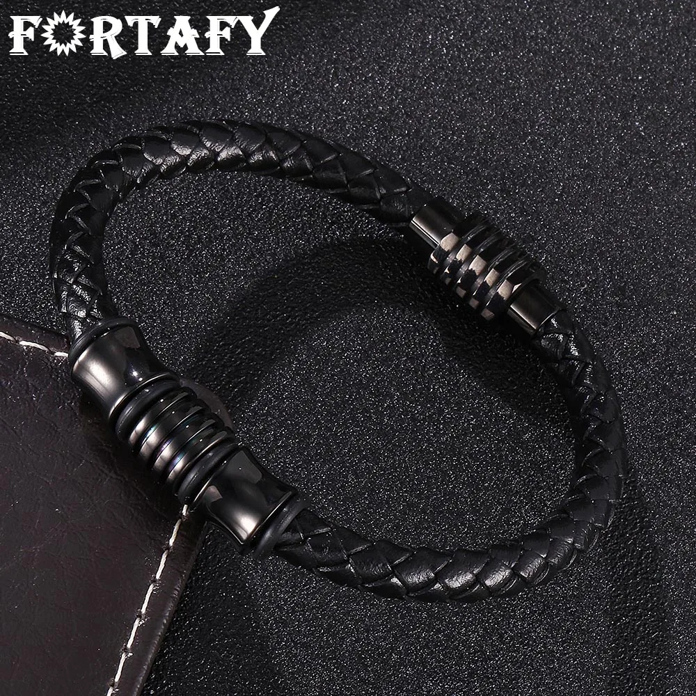 

FORTAFY Handmade Leather Braided Bracelet Men Black Stainless Steel Magnetic Clasp Man Bracelete Male Jewelry Gifts FR0035