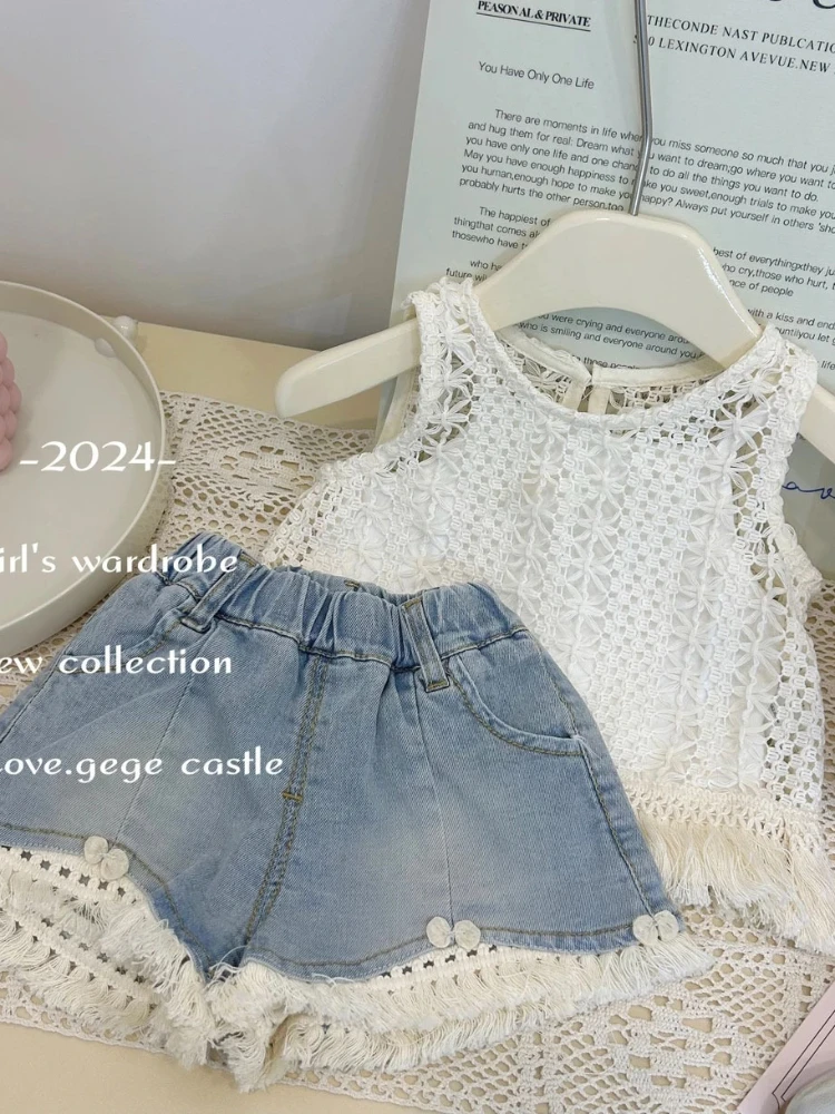 Летние костюмы для девочек новинка 2024 года женский летний ажурный жилет с