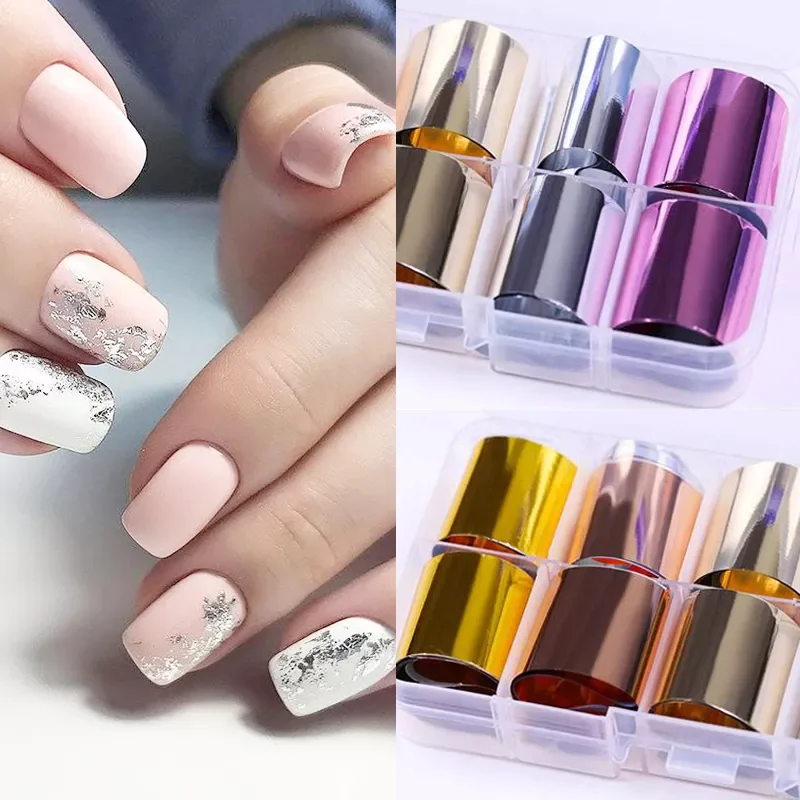 

Silver Nail Foil Set Mirror Effect Rose Gold Glitter Candy Transfer Sticker for Nails Decor Slider Decal Tip Random Pattern