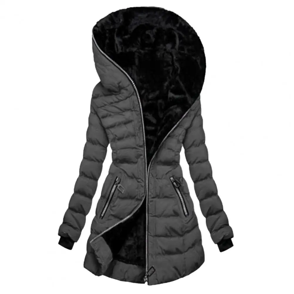 Winter New in Hooded Coat Solid Color Zipper Closure Slim Waist Hooded Quilted Women Overcoat for Outdoor