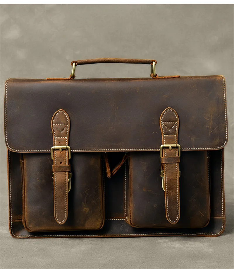 High quality natural crazy horse cowhide men briefcase brown handbag retro genuine leather lawyer laptop shoulder messenger bag