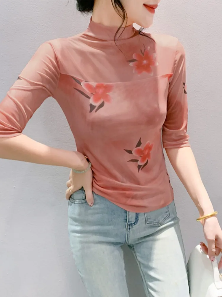 Женская футболка с полувысоким воротником сетчатая одежда Новинка лета 2024