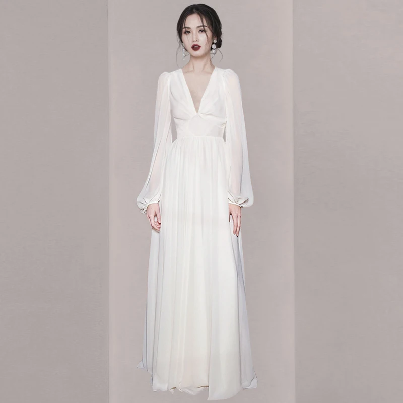 

WTIANYUW 2023 New White Sexy V Neck Lantern Sleeve Vintage High Quality Summer Women Party Dressses Chic Casual Midi Dress