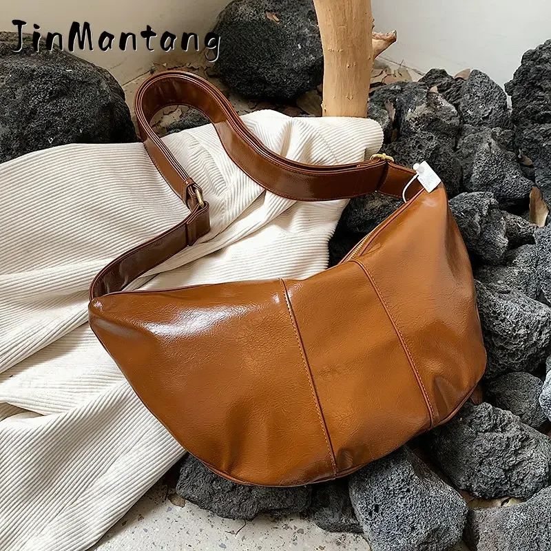 

JinMantang Fashion Splicing Leather Shoulder Bag for Women 2023 Tend Female Simple Large High Capacity Hobo Handbags