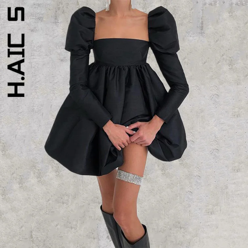 

H.Aic S Long Sleeve Women Dress New Simple Short Dress Mini Dress Outfits Backless Pleated Club Female Vestidos Women Clothing