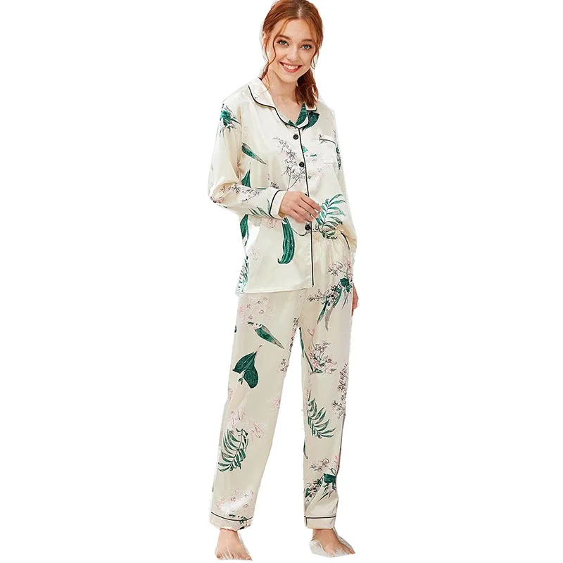 Women 2 Pieces Satin Silk Sleepwear Long Sleeve Sriped Shirts and Pants Pajamas Set