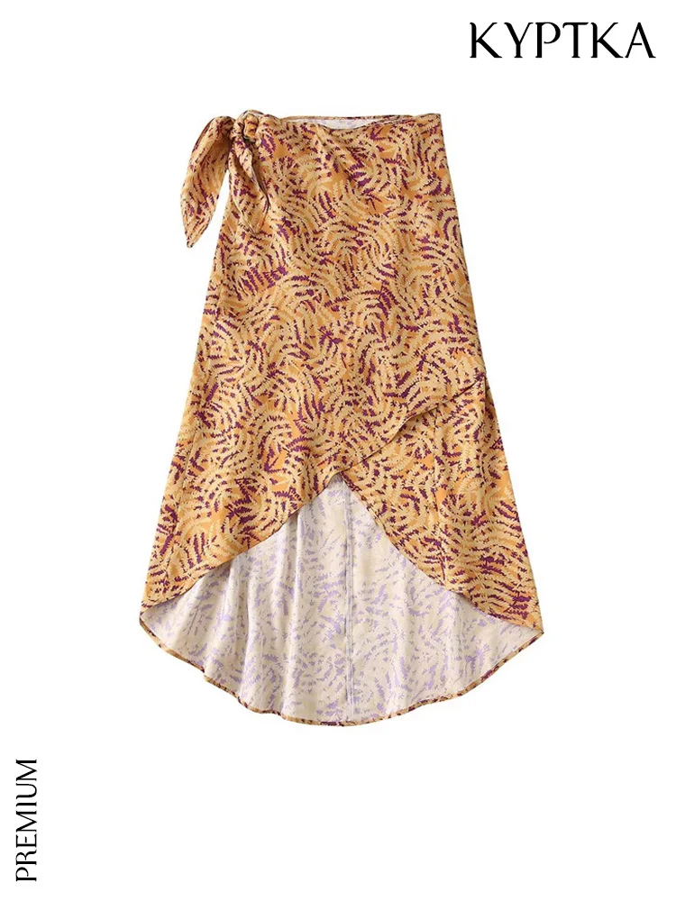 

KYPTKA Women Fashion Printed Wrap Asymmetrical Sarong Skirt Vintage High Waist Front Bow Tied Female Skirts Mujer