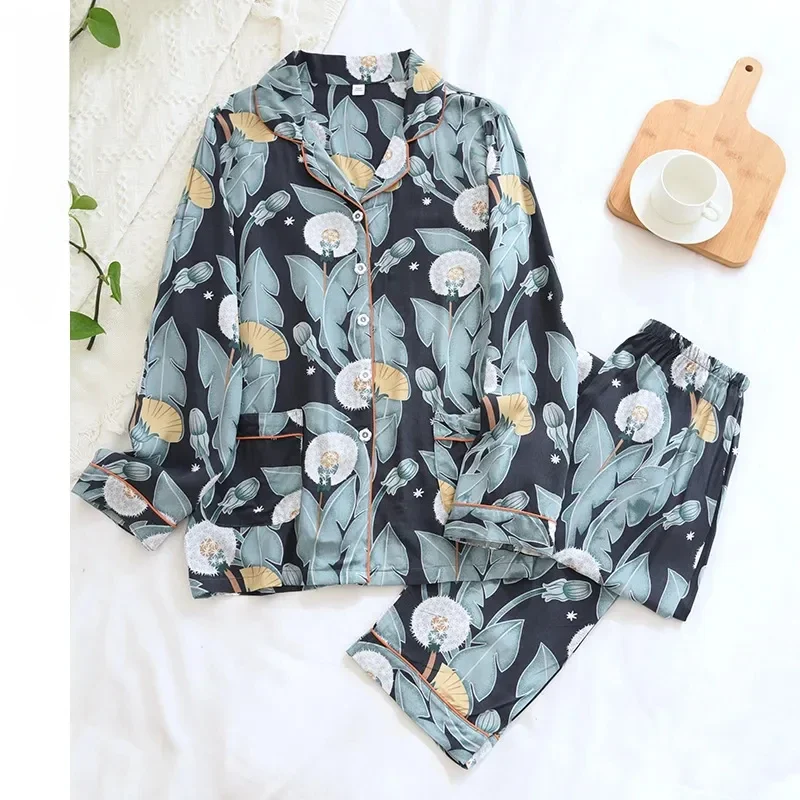 

New 100% Viscose Long-sleeved Trousers Ladies Pajamas Suit Plus Size Long Sleepwear Women's Home Nightwear Satin Two Piece Set