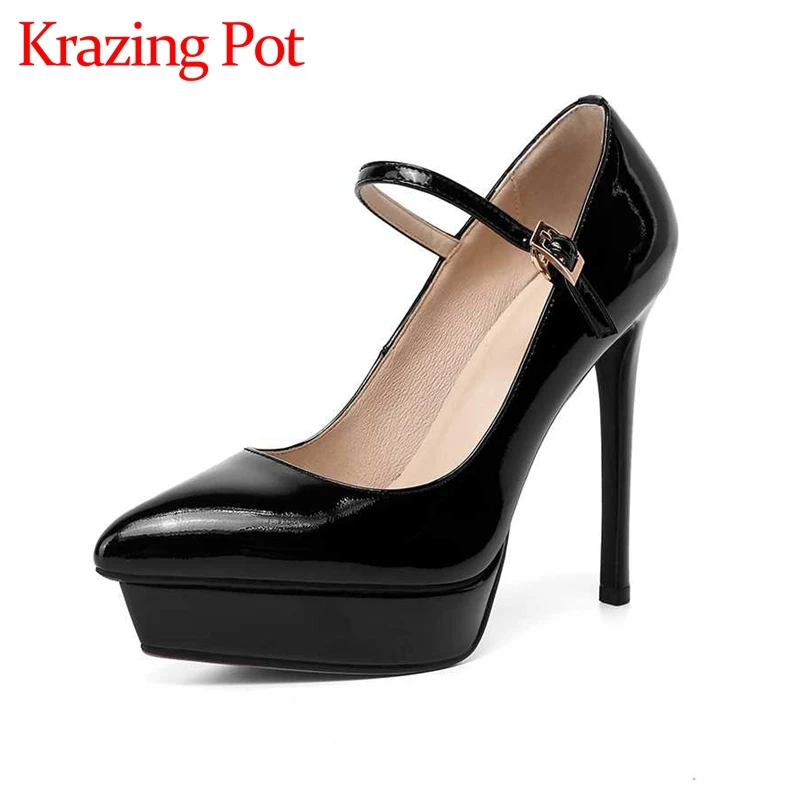 

Krazing pot genuine leather pointed toe stiletto super high heels beauty lady catwalk buckle strap waterproof women pumps L1f1