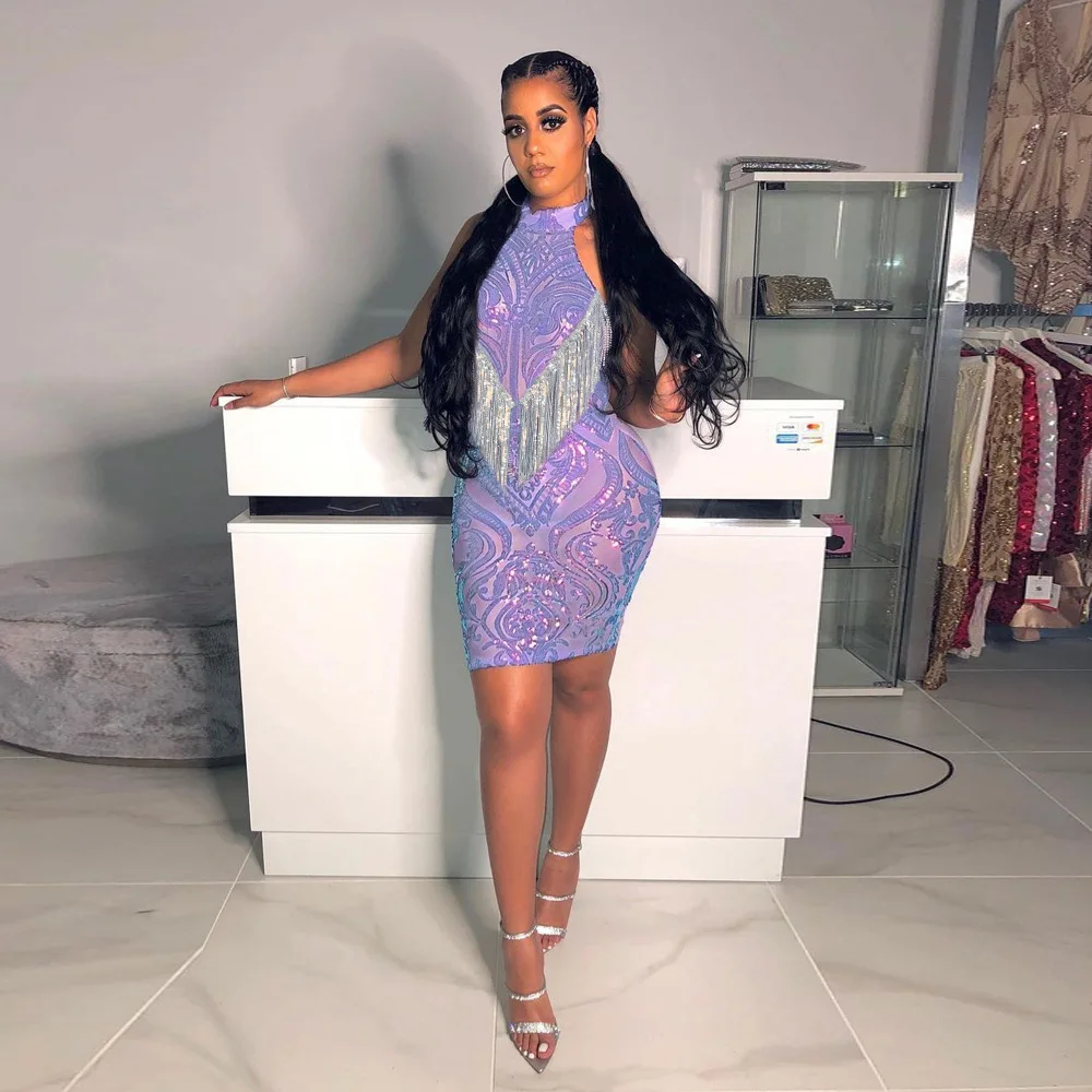 

Wishyear 2022 Sequins Halter Neck Sleeveless Tassel Mini Dresses Women Gown Sexy Birthday Party Night Club Dress Dinner Outfits