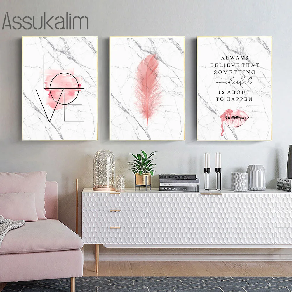 

Marbling Art Prints Pink Feather Art Painting Love Quotes Wall Poster Fashion Art Posters Modern Wall Pictures Nordic Wall Decor