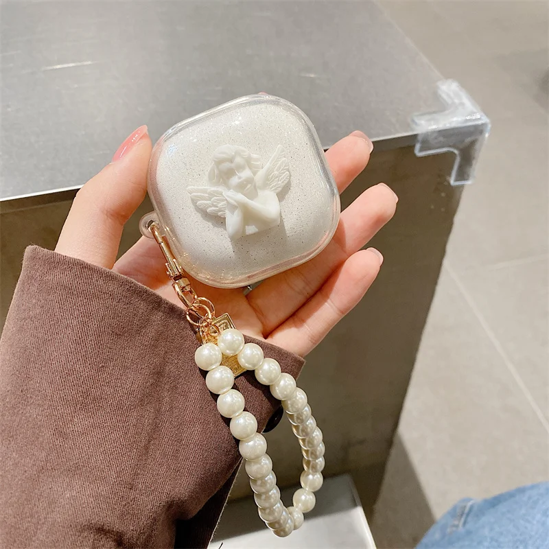 

Cute 3D Angel Accessories Clear Glitter Earphone Case For Samsung Galaxy Buds Pro Buds Live Buds2 With Pearl Bracelet Soft Cover