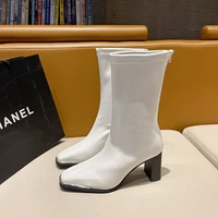 womens mid barrel boots new womens platform high heels black pu leather boots with square toe and white back zipper high heels