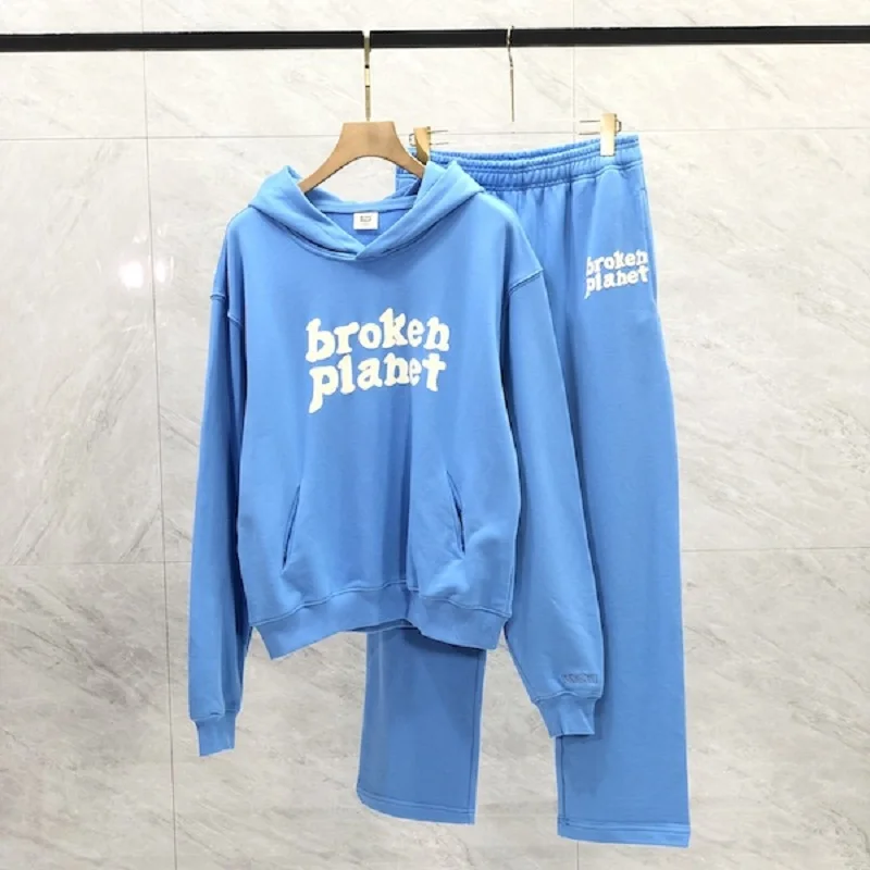 

Hiphop Street Broken Planet Hoodies Foam Letter Print Hoody Set Oversized Hooded Pullover Men Women Blue BP Sweatshirts