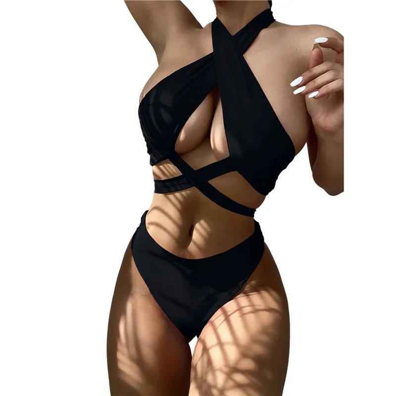 Женское сексуальное бикини с лямкой на шее 2022 модные однотонные черные красные