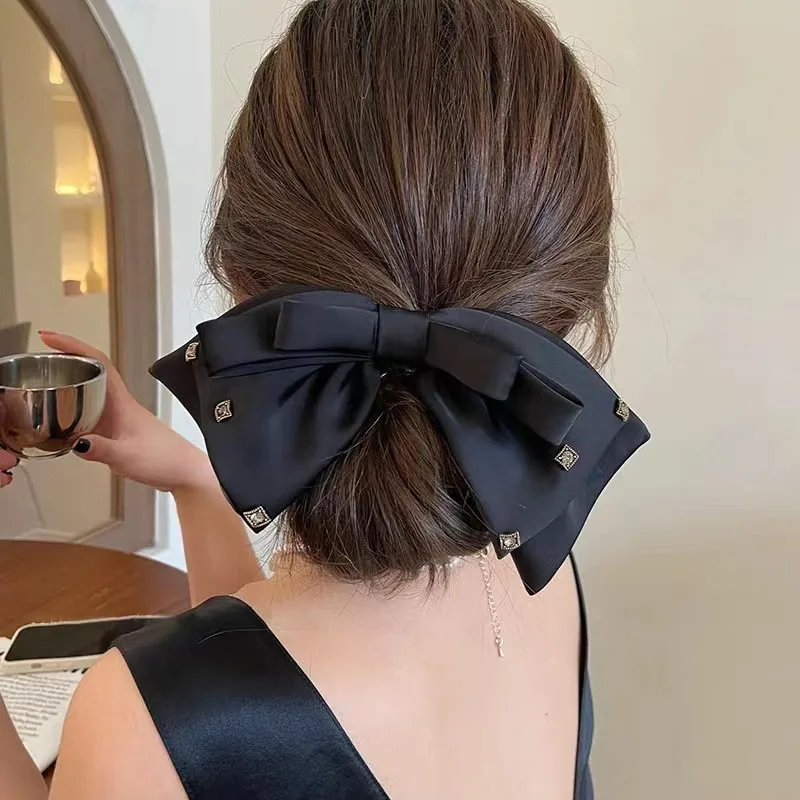

Elegant Satin Oversize Bow Hair Clips Barrettes Women Girls Big Black Bowknot Ponytail Holder Hairpins pins Hair Accessories New