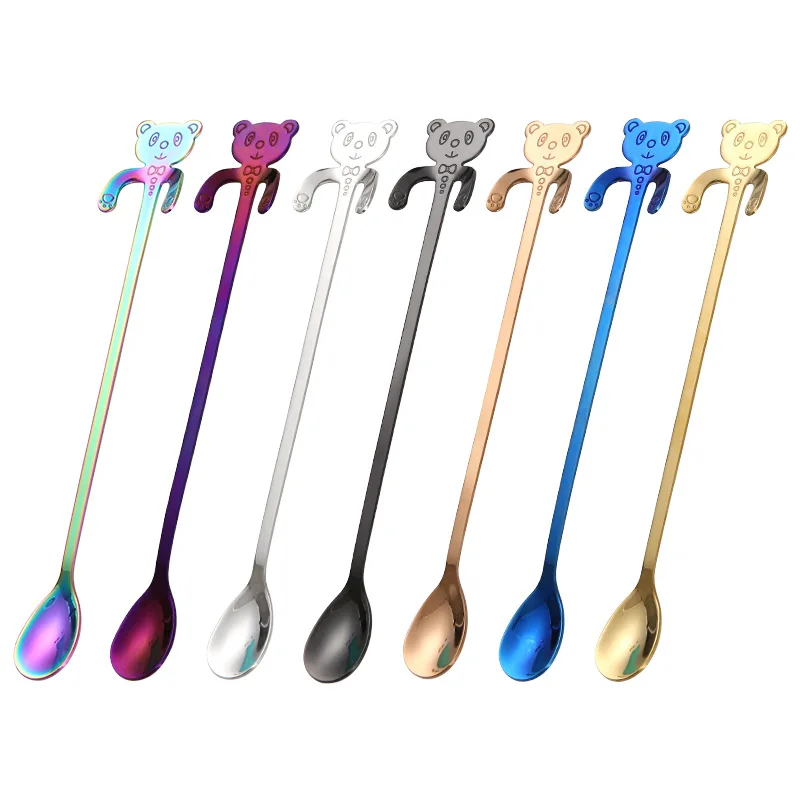 

7pcs/set Colorful 304 Stainless Steel Ice Spoon Creative Cartoon Bear Hanging Cup Spoon Long Handle Coffee Stirring Spoons