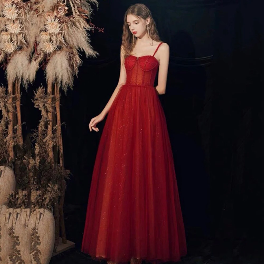 

Elfin Red Prom Dresses A-Line Glitter Tulle Long Party Gown Christmas Robes De cocktail Dress For Teens Robes De Soiree