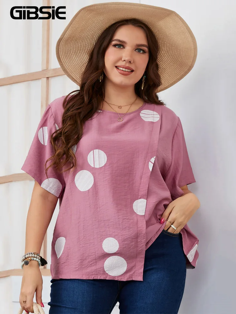 

GIBSIE Plus Size Polka Dot Wrap O-Neck T-shirt Women Summer Short Sleeve Korean Loose Tops Female Casual Large Size Clothes