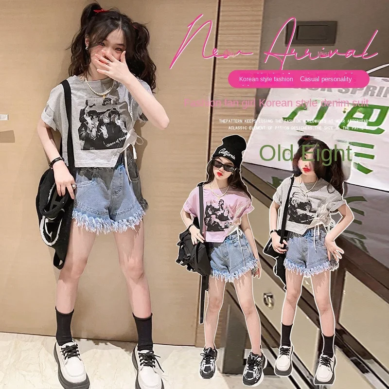 

Повседневный костюм для девочек жареная уличная одежда Новинка 2023 футболка с короткими рукавами неправильной формы зарубежные шорты Лето