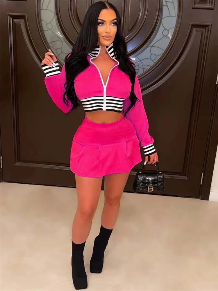 

Habbris Autumn Sexy Solid Ribbed 2 Two Piece Sets Club Outfit For Women 2022 Long Sleeve Zip Up Crop Top And Skirt Sets Female