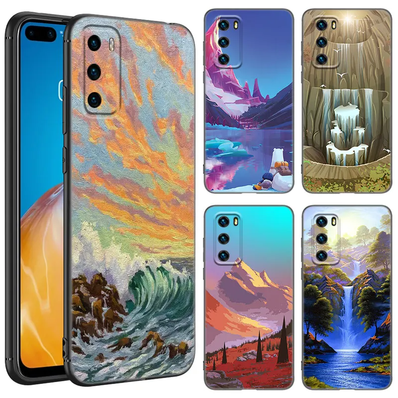 Hand Painted Landscape Phone Case For Huawei P8 P9 P10 P20 P30 P40 Lite E P50 P Smart Pro Z S 2018 2019 2020 2021 Black Cover