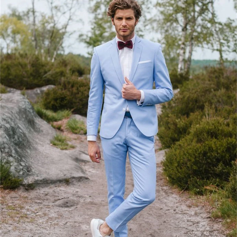 

Luxurious 2 Pieces Men's Wedding Suit 2022 Slim Fit Groom Tuxedos Peak Lapel Formal Business Sky Blue Male Suits (Blazer+Pants)