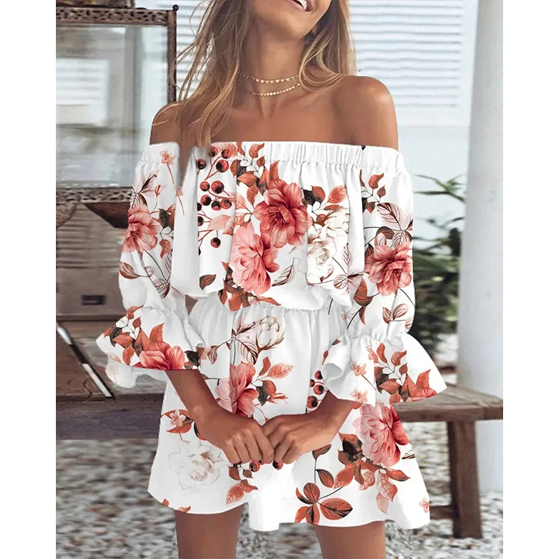

Women Boho Dress Summer Loose Print V-Neck Sexy Off Shoulder Floral Print Dresses Female Casual Irregular Beach Dress Vestidos