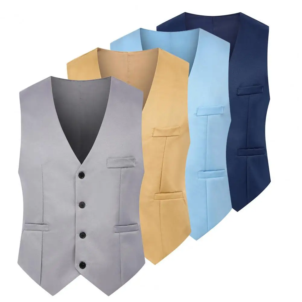 

Men Waistcoat Solid Color Single-breasted V Neck Sleeveless Spring Vest for Work Going Out Trajes De Hombre жилетка мужская