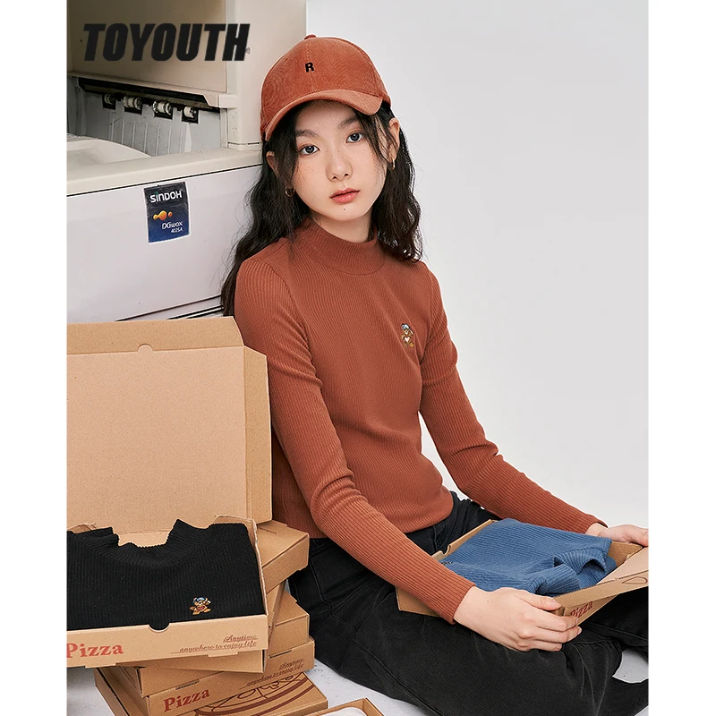 

Toyouth Women Bottoming T-shirts 2022 Winter Long Sleeve Half Turtleneck Slim Fit Stretch Tees Embroidery Basic All Match Tops